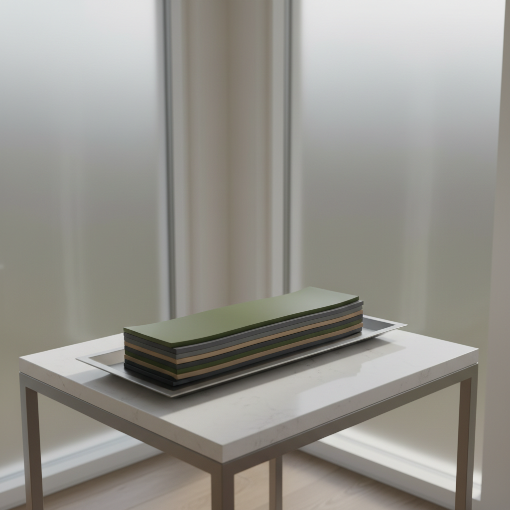 A meticulously stacked selection of minimalist resistance bands in muted earth tones—olive, slate, and sand—neatly aligned on a narrow, brushed metal tray atop a smooth quartz side table. The immediate environment is an airy, elegantly designed home gym alcove, boasting subtle, eggshell white walls and a backdrop of matte glass panels. Morning sun pours gently through, casting nuanced highlights and soft gradients across the bands and table, infusing the space with a purposeful, harmonious energy. The medium-wide, elevated composition features careful balance and clarity, exuding a sense of controlled power and quiet sophistication central to the site’s gay fitness philosophy.