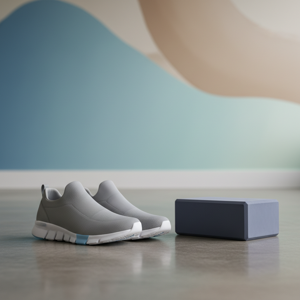 A pair of sleek, form-fitting performance sneakers in dove gray microfiber, carefully placed on a pristine, cool-toned concrete floor beside an understated yoga block in muted indigo. The backdrop features a softly blurred wall mural with minimalist abstract shapes in subtle gradient hues of blue and beige, exuding calm confidence. Soft, indirect lighting highlights the elegant contours of the sneakers and throws faint, sophisticated shadows, delivering a tranquil yet focused mood. Captured from a low-angle perspective with asymmetrical framing, the image’s minimalist, refined realism supports themes of sophisticated gay athleticism and mindful living.