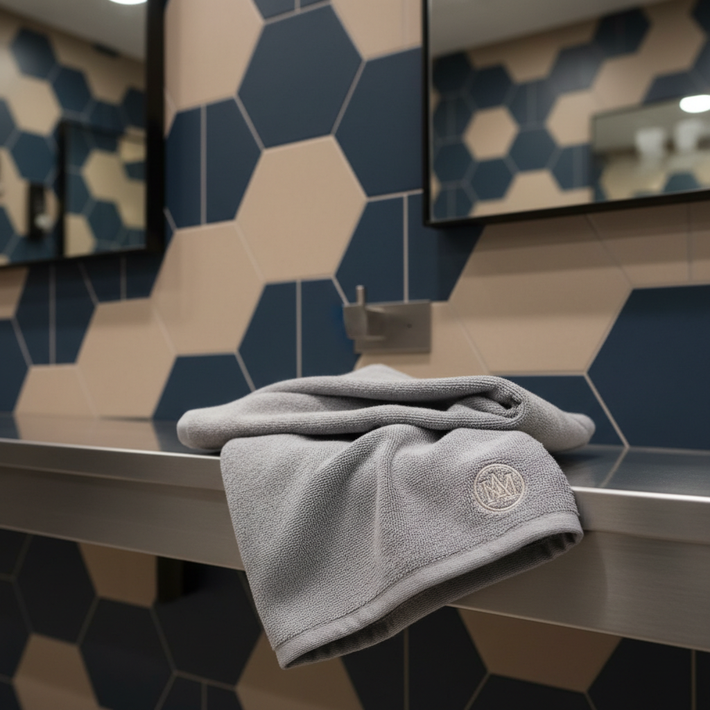 A detailed close-up of a precisely folded, ultra-soft pale gray sweat towel with a discreet monogrammed emblem, neatly draped over the edge of a brushed stainless steel bench. The setting is an immaculate, high-end locker room featuring geometric tiles in muted navy and sand tones, with elegant clean lines and subtle mirrors in the background. Soft studio lighting casts gentle highlights along the towel’s subtle texture, creating an intimate, sophisticated atmosphere. Captured at eye-level with a focused composition, the image conveys a sense of personalization and luxury, aligned with a sophisticated approach to fitness and philosophical reflection.