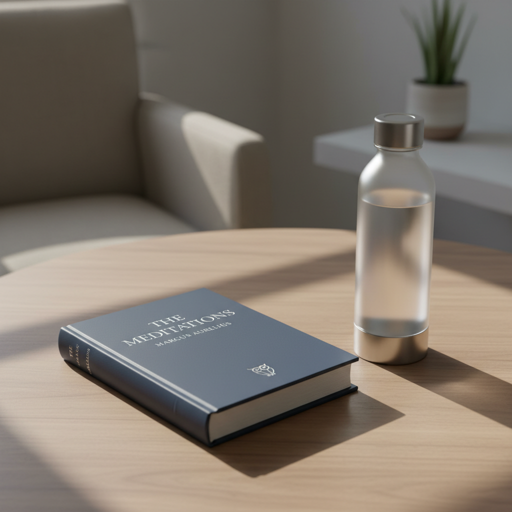 An elegantly composed arrangement of a hardcover stoic philosophy book bound in smooth, slate-blue leather with understated silver embossing, resting on a minimalist walnut tabletop. Beside the book, a frosted glass water bottle with crisp chrome accents catches the filtered afternoon light, casting faint, elongated reflections across the muted, gradient surface. The setting is an uncluttered reading nook with subtle, muted colors and refined, minimalist decor. Soft ambient light creates delicate shadow play, providing a contemplative and intellectual mood. The centered, top-down composition with sharp detail emphasizes clarity and sophistication, resonating with the site’s theme of self-improvement and thoughtful gay performance.